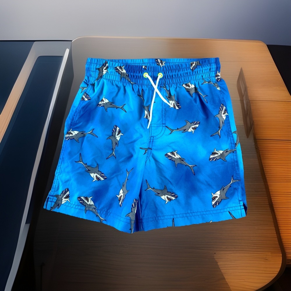 Old Navy Swim Trunks Boys L Blue Shark Print Drawstring Waist Pockets